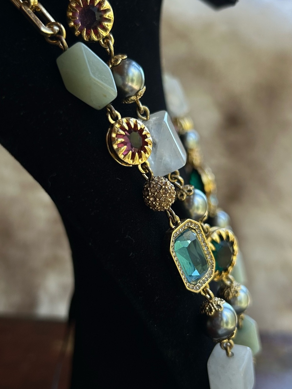 Talbots Gold-Tone Necklace with Green, Red & Blue Gemstones and Cream Beads